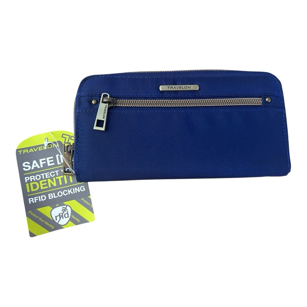 Travelon Zip Around Wristlet Wallet Safe ID RFID Blocking Teal Blue With Strap